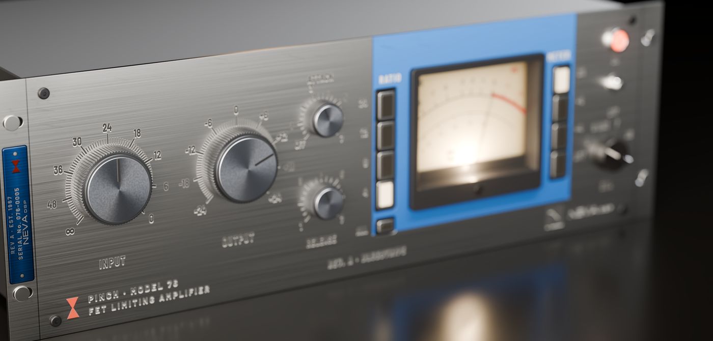 PINCH-76 Rev A analog FET compressor plug-in, silver faceplate with blue meter surround