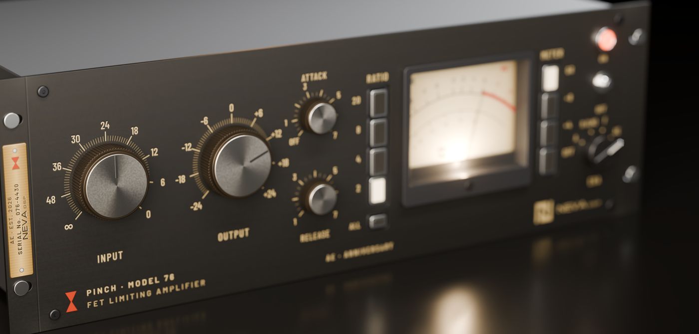 PINCH-76 AE FET compressor plug-in, dark graphite faceplate with gold lettering