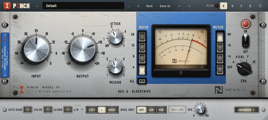 PINCH-76 in Rev A: silver faceplate with a blue meter surround