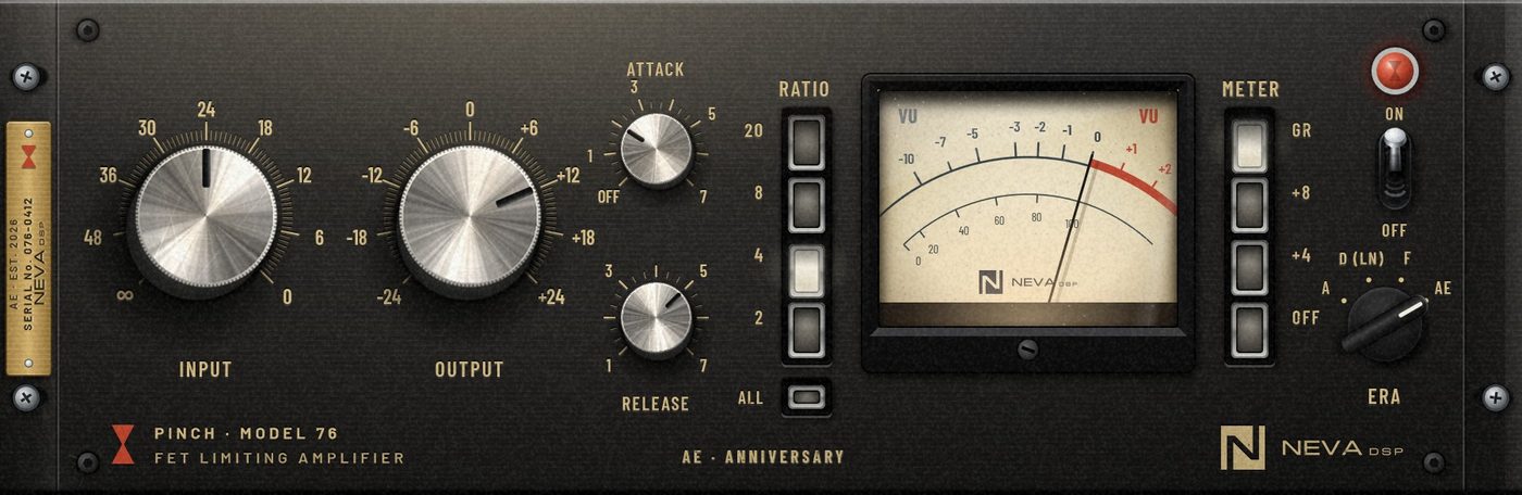 PINCH-76 AE panel with INPUT and OUTPUT knobs on the left and the VU meter on the right
