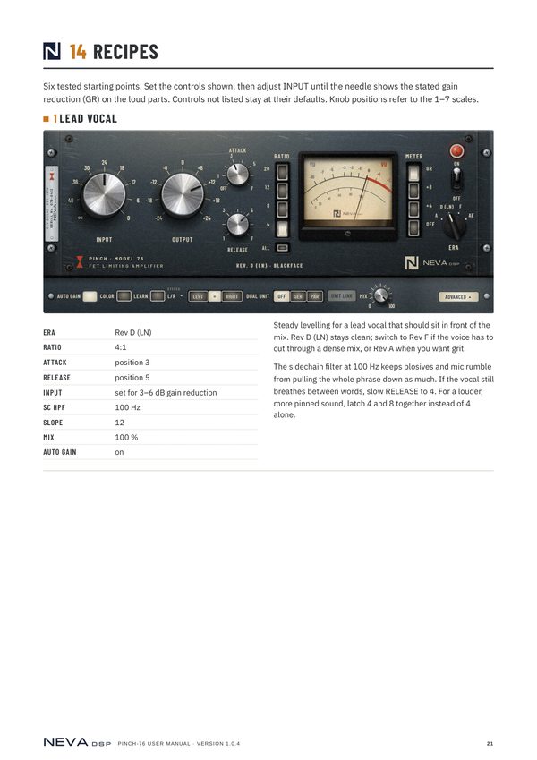 Manual page 21: lead vocal recipe for the FET compressor plug-in