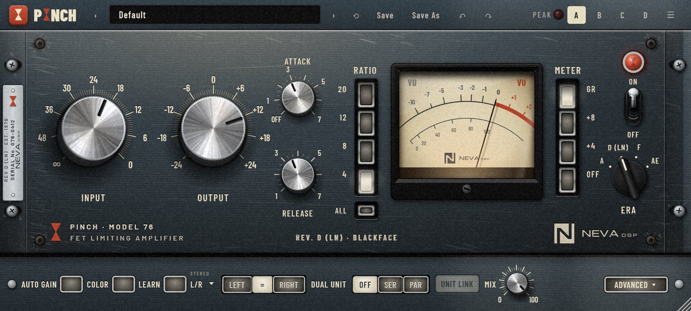 PINCH-76 analog FET compressor plug-in window, Rev D (LN) blackface with VU meter, ratio keys and Era switch